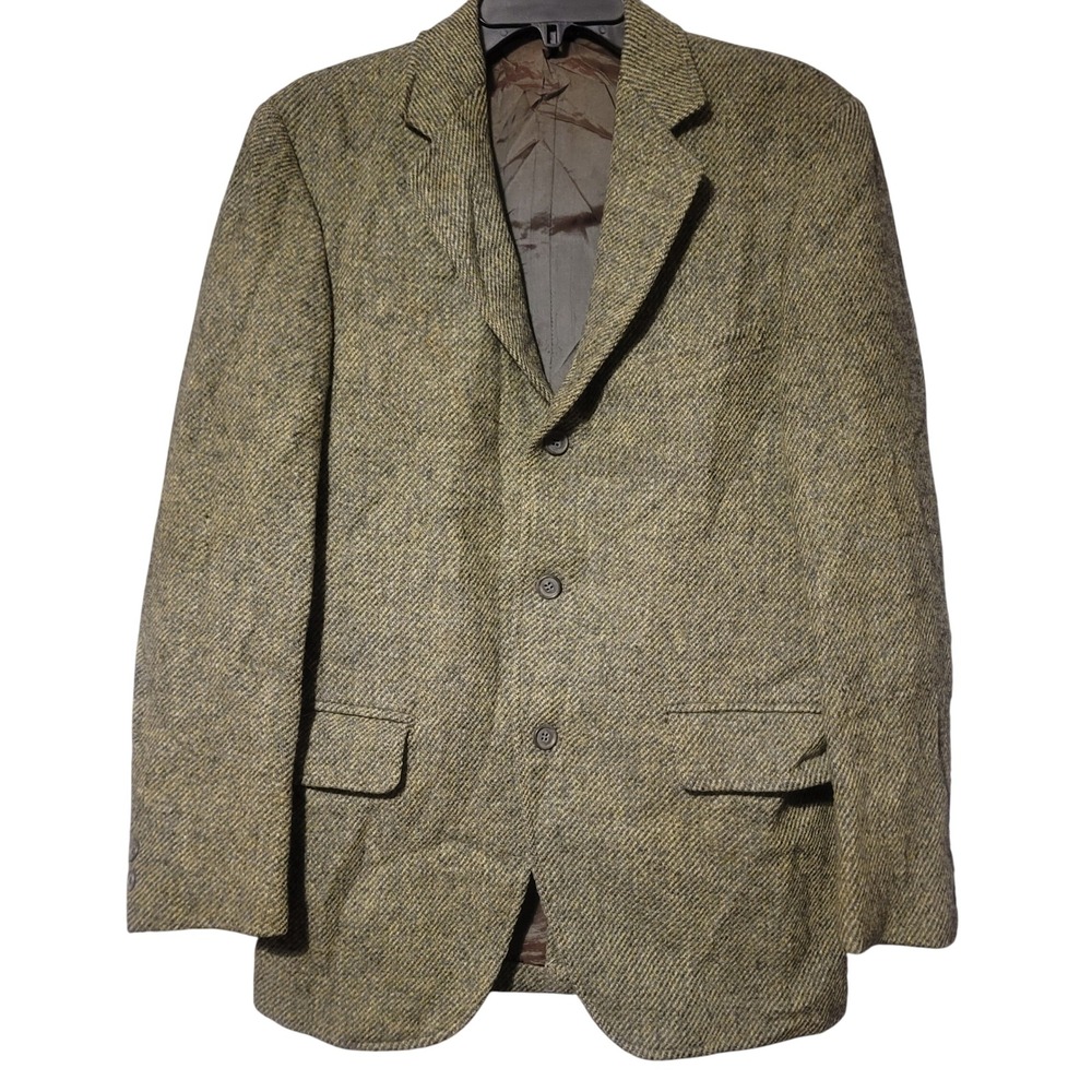 Harris Tweed 40R Men Scottish Wool‎ Blazer Jacket Green Herringbone 3-Btn